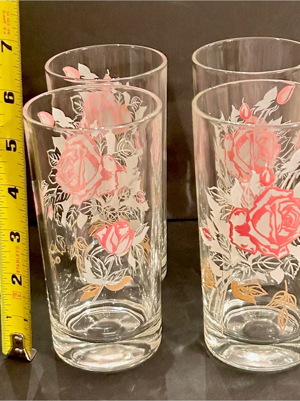Vintage Mid Century Pink Rose Highball Drinking Glasses - Set of 4